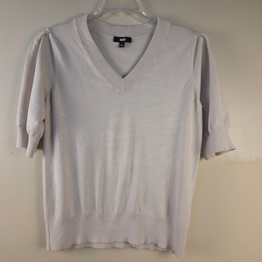 DKNY Womens Beige V-Neck Puff Short Sleeve Fine Knit Pullover Sweater Size Large